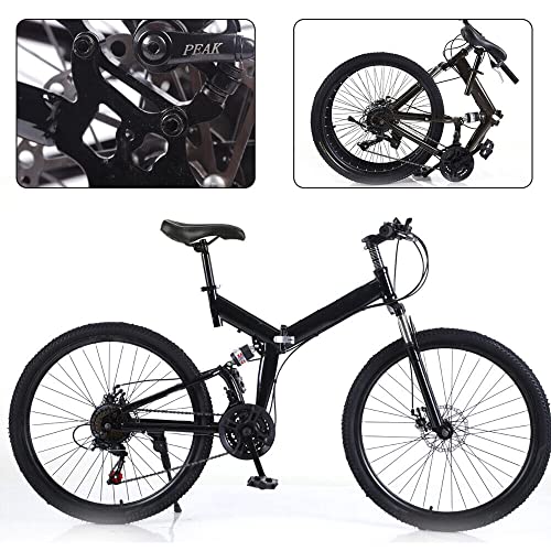 WSIKGHU 26 Inch Mountain Bike Carbon Steel Bike Folding Bike Full Shock Front and Rear Disc Brakes Men and Women Black 21 Speed Road Bike 80-95CM Adjustable Seat Height Can Support 150KG