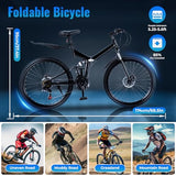 26in Folding Bike 21-speed Mountain Bike,Carbon Steel Foldable Bike for Adults with Dual Disc Brake,Portable Mountain Bike with Mudguards,Adjustment Height,120kg Bearing Capacity