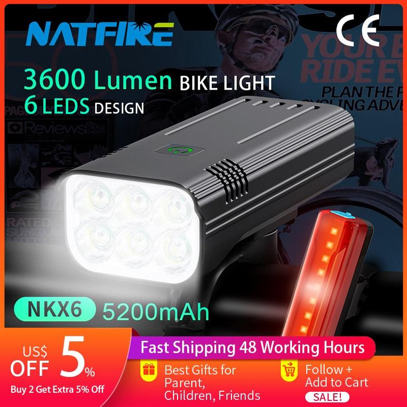 NATFIRE 6 LED Bike Light 3600 Lumen Rechargeable Bicycle Light Flashlight Front and Back Rear Light for Outdoor MTB Road Cycling - Pogo Cycles