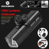 ROCKBROS Bicycle Front Light 1000 Lumens 4500mAH Lamp Highlight Aluminum Type-C Bike Flashlight Headlight MTB Road Cycling Light - Pogo Cycles