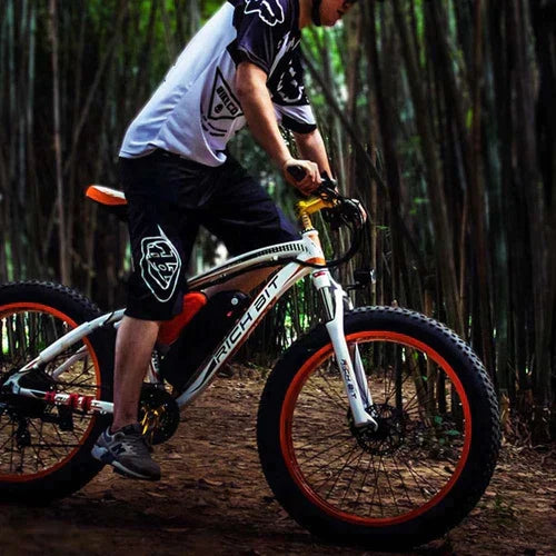 RICH BIT TOP-022 Electric Mountain Bike - White Orange - Pogo Cycles available in cycle to work