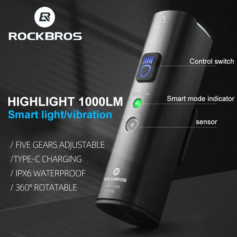 ROCKBROS 1000Lumen Bike Light Smart Vibration Sensing Bike Lamp 5Modes Bicycle Headlight LED Flashlight Lantern Bike Accessories - Pogo Cycles