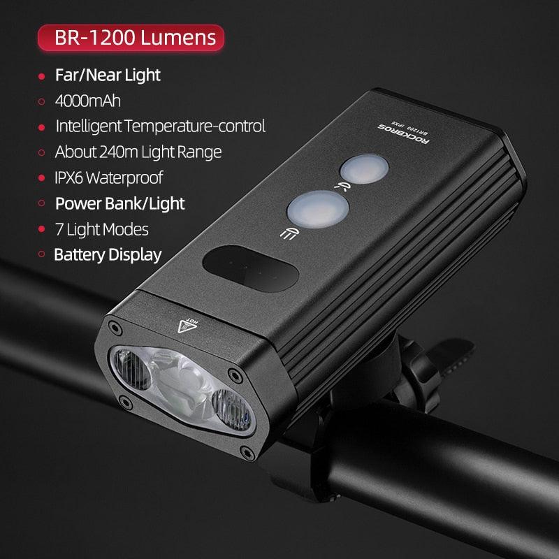 ROCKBROS 1000Lumen Bike Light Smart Vibration Sensing Bike Lamp 5Modes Bicycle Headlight LED Flashlight Lantern Bike Accessories - Pogo Cycles