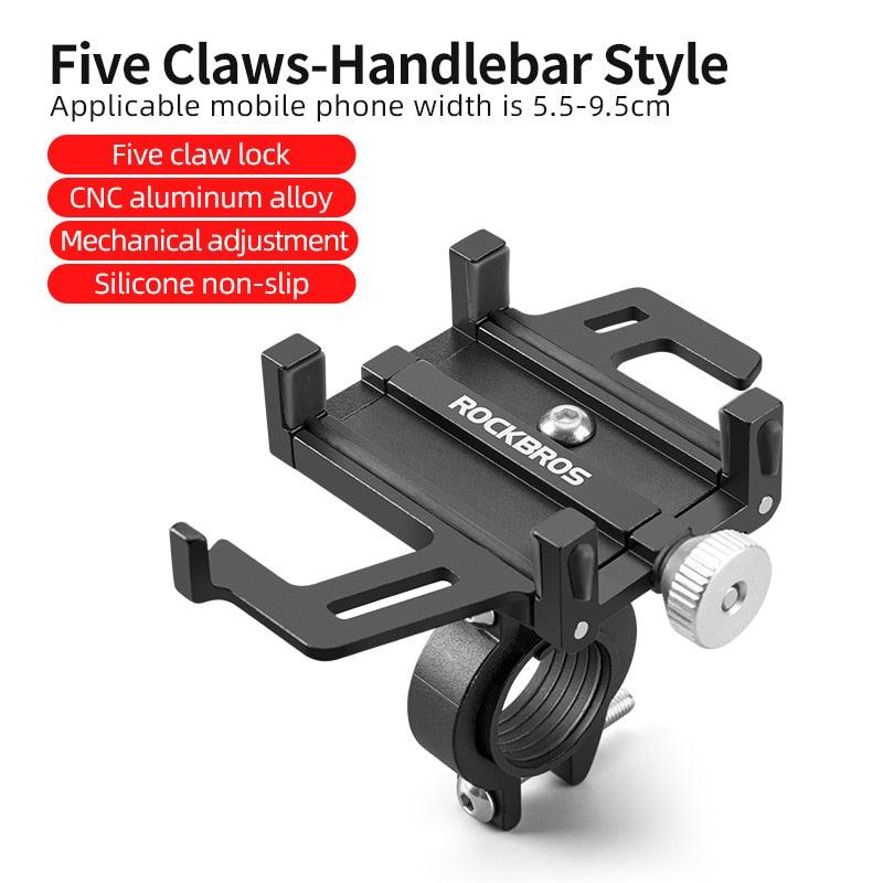 ROCKBROS Phone Holder Motorcycle Electric Bicycle Smartphone CNC Aluminum Alloy Bracket Five Claws Mechanical Bike Phone Holder - Pogo Cycles